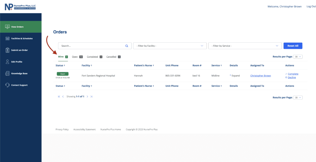 Screenshot of the portal in the orders view with the "Mine" filter enabled showing only the orders assigned to the logged in nurse, a prominent red arrow pointing to the relevant filter link