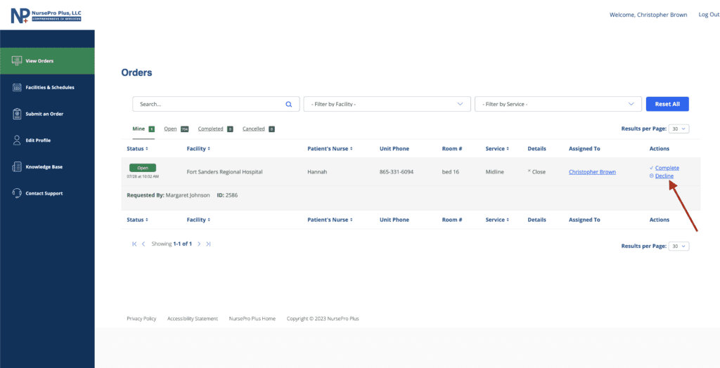 Screenshot of the portal orders view with an order that's been assigned to the logged in nurse expanded. A prominent red arrow points to the "decline" link under the "Actions" column in the order table.