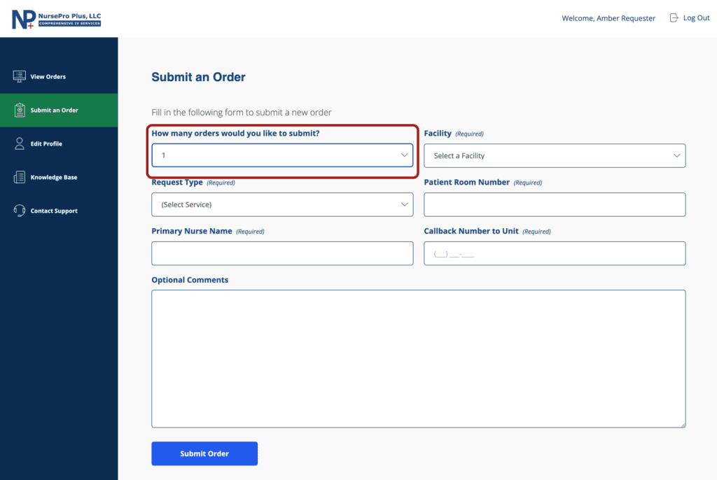 Screenshot of the NursePro plus portal Submit an Order web form with a prominent red box outlining the form field labeled "How many orders would you like to submit?"