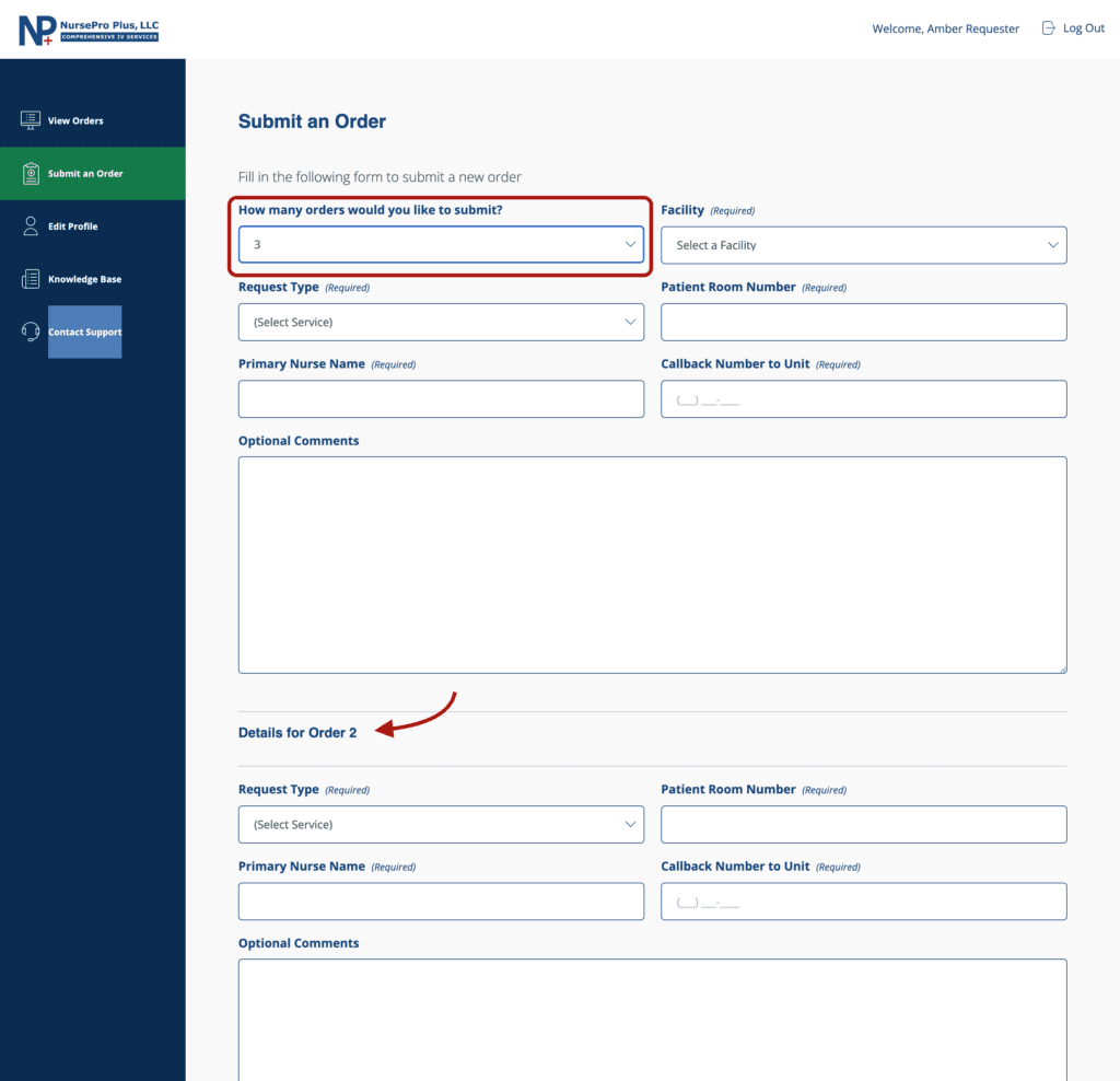 Screenshot of the NursePro plus portal Submit an Order web form with a prominent red box outlining the form field labeled "How many orders would you like to submit?". The field has the number "3" selected and a prominent red arrow points to text reading "Details for Order 2", showing the form has now extended to accommodate multiple orders at once.