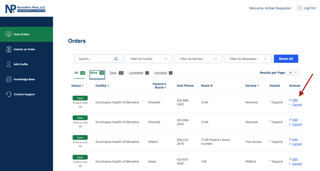 Screenshot of the portal orders view with the "Mine" tab selected, showing only the orders submitted by the logged in Requester. A prominent red arrow points to the "cancel" and "edit" links under the "Actions" column in the order table.